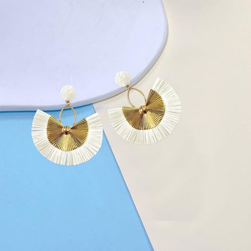Anmpab Straw Fan Bohemian Tassel Earrings for Women Trendy Colorful Fringe Summer Beach Statement Earrings - color: White