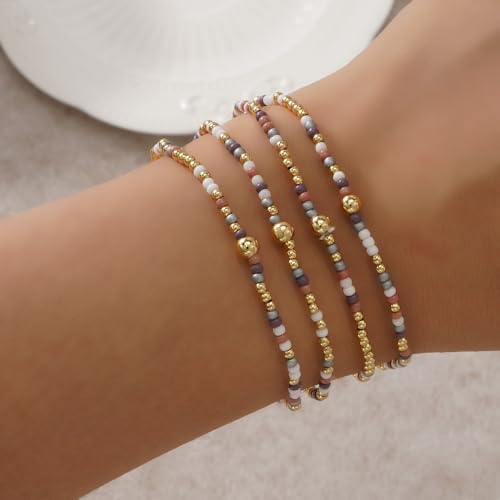 Boho 4Pcs Stack Colorful Small Seed Beaded Bracelets Set for Women, Cute Handmade Dainty Trendy Gold Plated Stretch Accessories Thin Glass Jewelry, Summer Daily Party Friendship Gift - color: Purple Gray