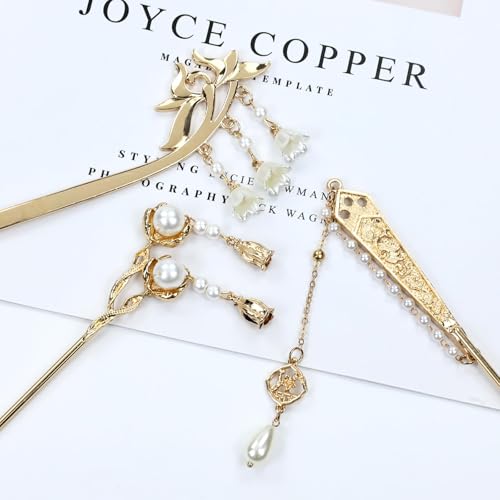 10 Pack Retro Gold Metal Long Hair Sticks Pins with Pearl Jade Dangles Tassels Pendants Chinese Hanfu Asian Flower Butterfly Hair Chopsticks Hair Picks Bun Forks Holders Hairpins