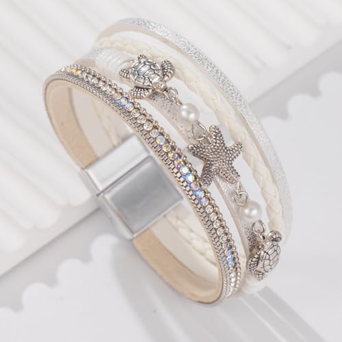 FANCY SHINY Turtle Starfish Leather Wrap Bracelet Boho Rhinestone Pearl Cuff Bracelets for Women Summer Beach Jewelry for Women - color: White