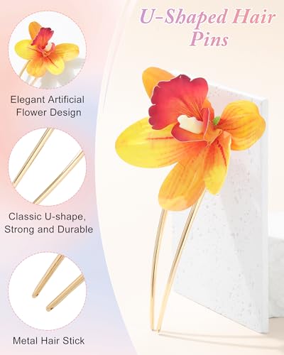 WELROG 3 Pack Hawaiian Orchid Flower Hair Pins,Metal Hair Sticks for Beach Vacation,Non-Slip Fork for Thick Hair Updo - color: Yellow+Pink+Greem
