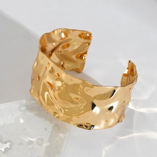 COLORFUL BLING Minimalist Hammered Irregular Cuff Bracelets for Women Open Wide Chunky Cuff Statement Wrap Bangle Bracelet - color: chunky gold