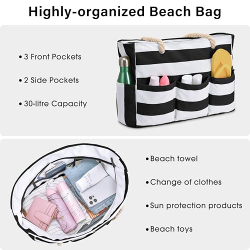 Becokan Beach Bags for Women Canvas Large Beach Tote Bag Zipper Waterproof Sandproof Foldable Swim Pool Bag with 7 Pockets - color: Black