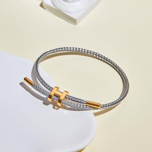 AIMADE Bracelets for Women Adjustable Charm Bracelet, 18k Gold-plated Buckle Design Titanium Steel Wire Rope Women's Gift Jewelry - color: silver