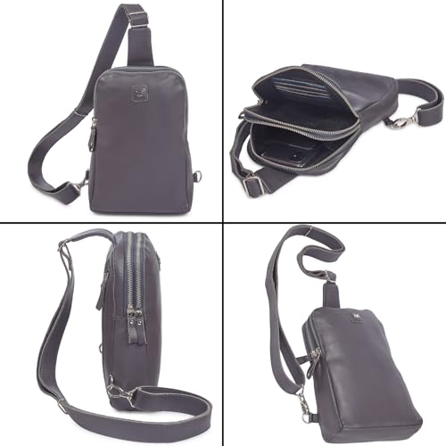 Leather Sling Bag for Women Genuine Crossbody Purse Small Trendy Cross Over Chest with Phone and Credit Card Slots (Dark Grey Nappa) - color: Dark Grey Nappa