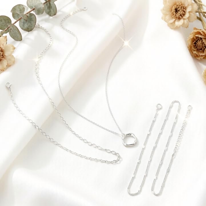 BBV Layered Gold Necklaces for Women Stackable Dainty 14K Gold Plated Silver Chain Necklace Layering Cute Fashion Pendant Choker Necklaces Trendy Jewelry Set Gifts for Women - color: silver, style: Oval paper clip flat strip square