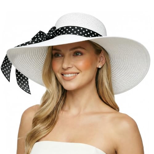 DRESHOW Beach Hats for Women Big Straw Wide Brim Summer Hat Floppy Foldable Roll up Cap Sun Hat UPF 50+ - color: 1 Pack: White With Black Polka Dot Band, 4.7" Brim