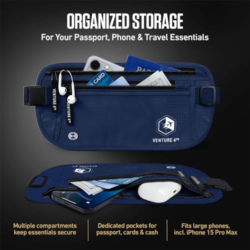 VENTURE 4TH Money Belt for Travel – Slim Hidden Under-Clothes RFID Blocking Anti-Theft Passport Holder & Travel Wallet Pouch for Men & Women to Protect Cash, Cards & Documents (Navy Blue) - color: Navy Blue