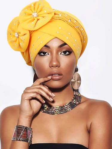 Woeoe Beanie Cap Head Wrap Black Rhinestones Head Scarf Flower Pearls Twisted Head Turban for Women Girls - color: Yellow