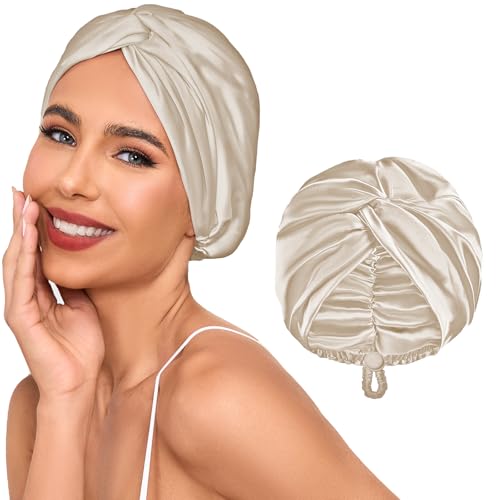 Adjustable Silk Satin Hair Bonnet for Sleeping Women, Double Layer, Silk Hair Wrap for Sleeping Women Men, Curly Natural Braid Straight Unisex - Champagne - color: Champagne