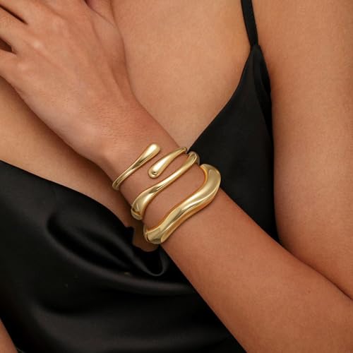 Gold Bracelets for Women Trendy, 18K Gold Plated Bangle Bracelet Set Chunky Twist Cuff Gold Bracelet Non Tarnish Waterproof Jewelry Gifts for Women - color: Gold-3PCS