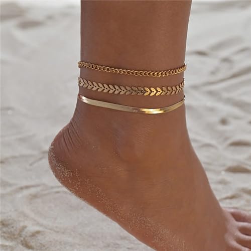 MIDEEO Gold/Silver Ankle Bracelets for Women,14K Gold Anklets for Women Waterproof Cuban Link Heart Beads Herringbone Rhinestone Anklets Set Layered Anklet Bracelets for Women Gold Jewelry Gift - style: 3Pcs Anklets C-Gold