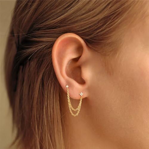 Freekiss Gold Chain Studs Earrings for Women Trendy: Hypoallergenic 14K Gold Plated Dangle Earrings Dainty Small Long Chain Earring Set Fashion Gold Jewelry for Women - style: 4cz chain earrings-gd
