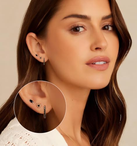 6 Pairs 14K Gold Plated Stud Earrings for Women, Hypoallergenic Cartilage Earrings for Multiple Piercing, Dainty Small Stackable Earrings Set for Jewelry Gift - color: Black-CZ-6 Pairs