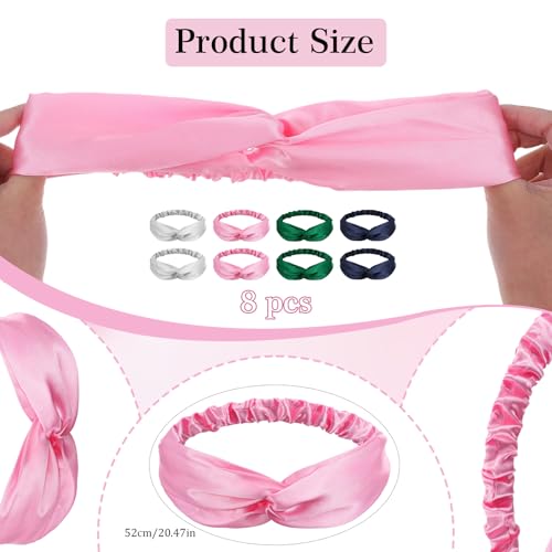 8PCS Silk Headbands, Stretchy Adjustable Satin Headband Elastic Twisted Hair Wrap Twist Knotted Head Band Satin Headwear for Women Girls Hair Accessories