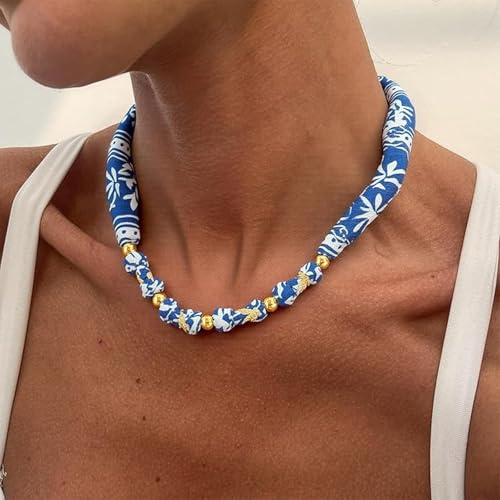 Scarf Necklace with Charm Gold Starfish Chunky Cross Heart Flower Pendants Bandana Charm Necklace Western Scarf for Women Boho Cowgirl Country Cowboy Accessories Beach Vacation Vacation Outfits Jewelry - color: C1-Scarf Necklace
