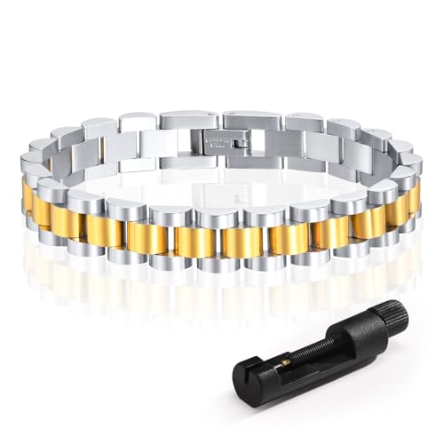 MPRAINBOW 2pcs 18K Gold Plated Chain Link Bracelet, Stainless Steel Crystal Friendship Bracelets Bangle,Watch Band Chains Wristband Jewelry with Adjust Tool - color: Gold&Silver-18cm
