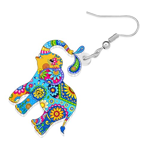 BONSNY Colorful Acrylic Elephant Dangle Earrings Bohemian Tribal Floral Design Boho Jewelry Gifts for Women Funny Novelty Hypoallergenic Spring Summer Gifts Accessories - color: Turquoise