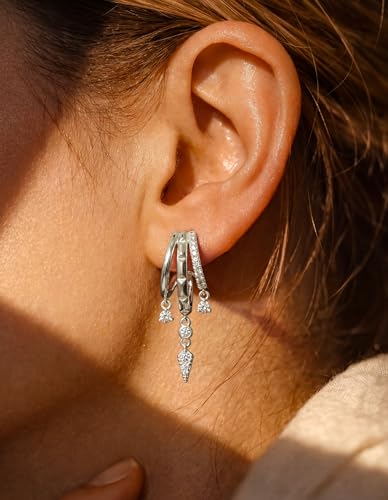 Triple Huggie Stacked Earrings for Women Gold Chain Drop Dangle Earrings Cute Statement CZ Earrings Trendy Dainty Jewelry Gift - color: Silver 5