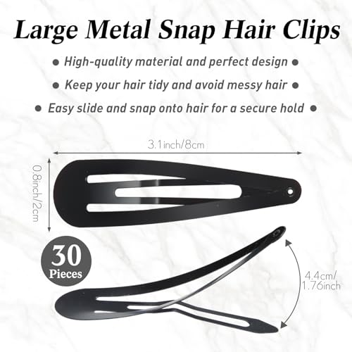 WILLBOND 30 Pieces 3.1 Inch Large Metal Snap Hair Clips Nonslip Barrettes Women Hair Accessories(Black) - color: Black, style: Minimalist