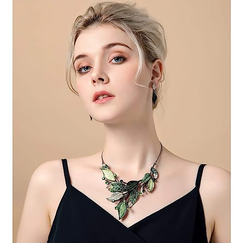 AMYJANE Vintage Statement Jewelry Set - Spring Leaf Flower Floral Plant Necklace Earring Set Crystal Rhinestone Fashion Costume Jewelry for Women Prom Party Unique Gift - style: Green Leaves Jewelry Set