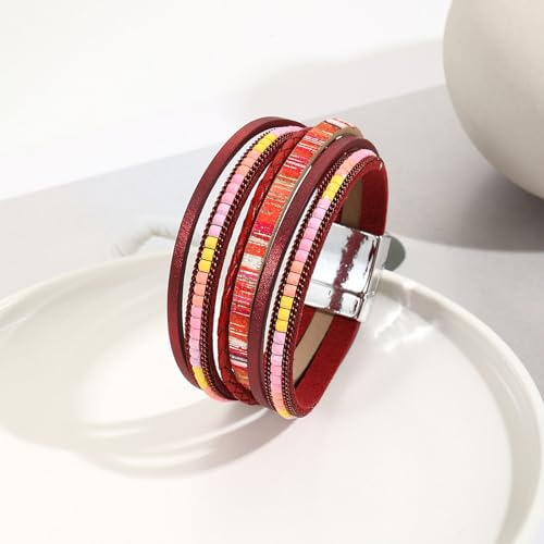 VIBILIA Boho Leather Wrap Bracelets for Women Multi-Layer Bracelets with Strong Clasp Jewelry for Women - color: 03-BohoBraid-Red