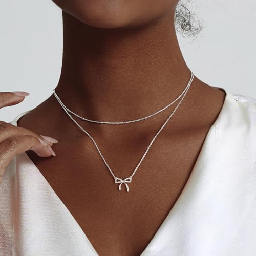 OGD Gold Necklace for Women, Bow Necklace 14K Layered Gold Necklace Dainty Bow Pendant Choker Necklace Trendy Bow Necklace Gold Chain Necklaces for Women Jewelry Gift - color: Silver Bow-2PCS