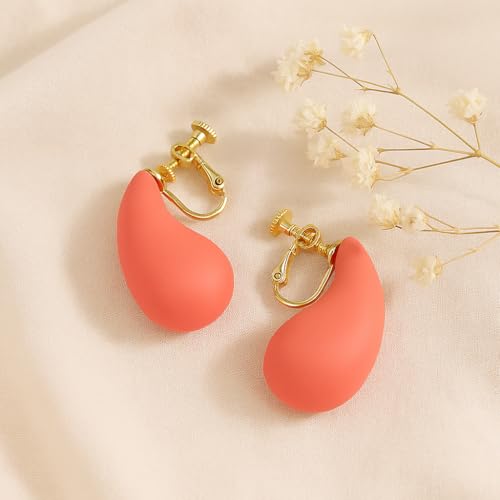 14K Gold Clip On Earrings Women,Teardrop Chunky Detachable Hoop Clip-On Earrings for Non Pierced Ears Hypoallergenic Lightweight Earring Clips - color: Carol Pink