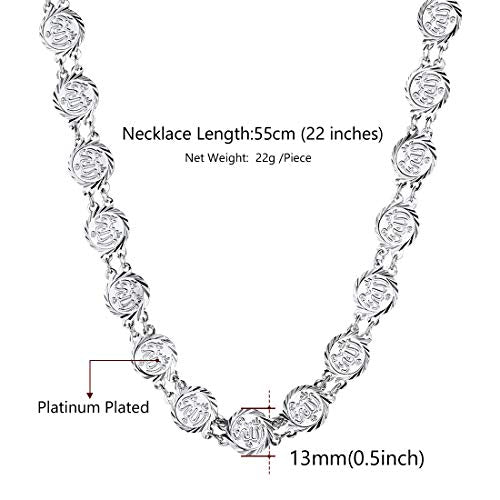 U7 Allah Necklace for Women/Men, 18K Gold Plated Square/Oval/Coin/Heart/Crescent Moon Islamic Pendant Necklace Muslim Jewelry with Chain - color: 06.Coin Necklace Platinum