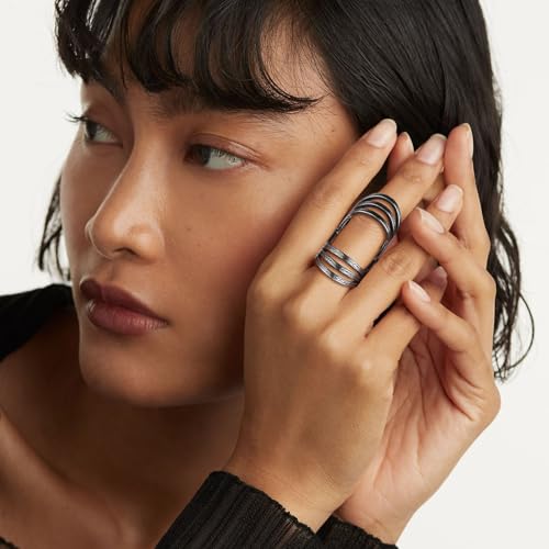 HZMAN Vintage Retro Stainless Steel Ring for Women - US Size 7-10 Multi-Layer Split Design Bark Texture Nature-Inspired Boho Jewelry