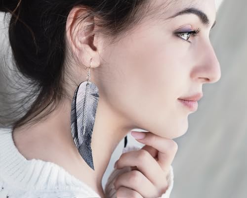 Black shiny Leather Feather Earrings for Women, Lightweight Minimal Boho Dangle Earrings, Small Simple Everyday Jewelry - color: dark grey metallic