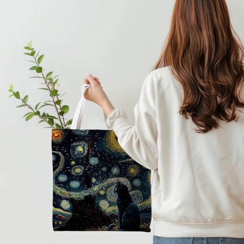 Preppy Animal Tote Bag, Pet Canvas Tote Bag, Reusable Grocery Shopping Shoulder Bags - color: Black Cat