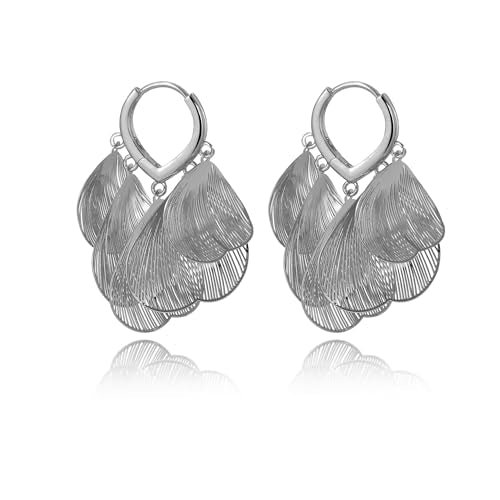 Boho Flower Layered Floral Leaf Drop Dangle Earring For Women,Metal CZ Gold Lightweight Flower Bohemian Gold Petal Exaggerated Jewelry Earrings For Women Brides Party Prom Wedding - color: White Gold C