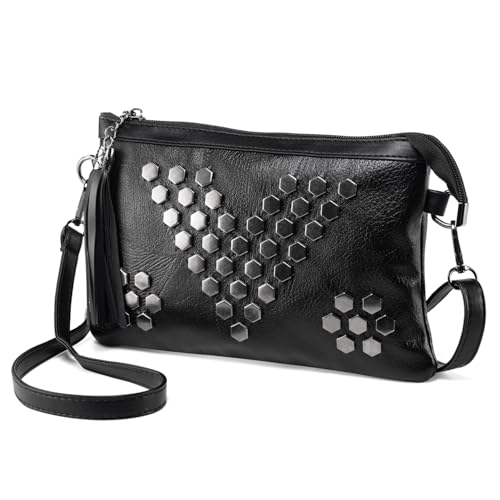 Studded Small Crossbody Bag for Women Fringe Gothic Purse Black Wristlet Clutch