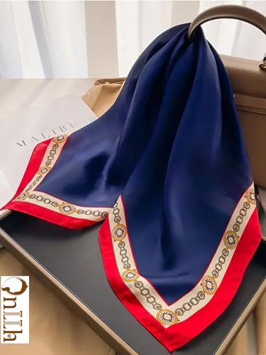 Silky Scarf for Women Lightweight Satin Bandanas Neck Hair Wrap For Sleeping Head Scarves 27.5" - color: A14 Blue & Chain/27.5"