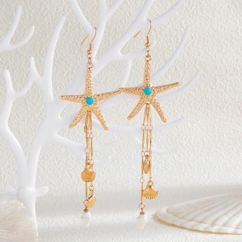 Starfish Tassel Dangle Earrings for Women Jellyfish Earrings Beach Long Dangle Drop Earring Summer Charm Earrings Ocean-Themed Dangling Earring Boho Beach Jewelry - color: Gold1