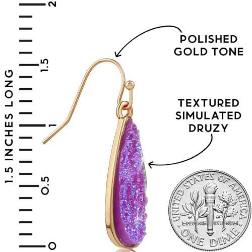Teardrop Dangle Earrings for Women with Simulated Druzy Stones, in Gold or Rose Gold Tone - color: Gold - Purple Stone