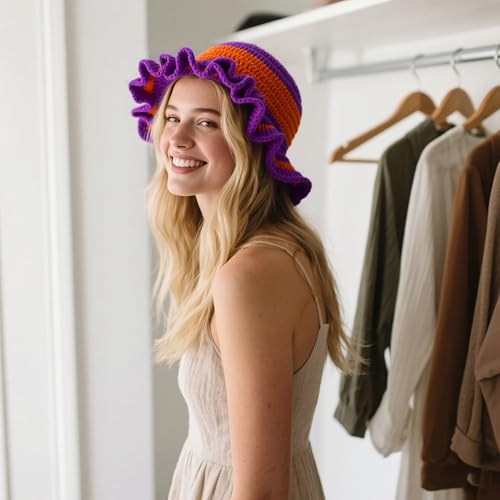 Handmade Crochet Bucket Hat for Women Boho Chic Slouchy Design Colorblock Ruffled Brim Festival&Daily Crochet Hat - color: Purple Orange Contrasting