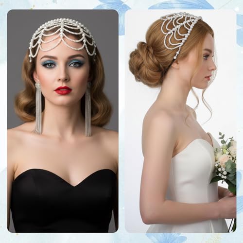 1920s Pearl Headpiece White Pearl Cap Headpiece Roaring 20s Headbands for Women Pearls Beaded Cap Head Piece Head Chain Hair Accessories, for Wedding Bridal Cosplay Halloween Art Decor Party