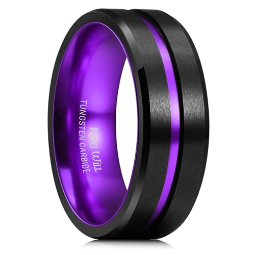 King Will Mens Tungsten Rings for Men Two Tone Grooved Mens Wedding Band Cool - color: Purple 8mm