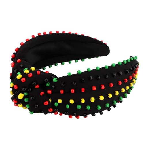 YISSION Juneteenth Beaded Knotted Headband for Women Girls - Red Green Yellow Black Rasta Colors Wide Turban Headband, Top Knot Fashion Hair Accessories for Holiday Party Everyday Wear - color: Red,Black,Green,Yellow