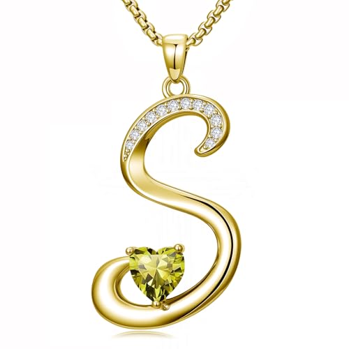 Birthday Gifts for Women 18k Gold Initial Necklaces for Women Simple Alphabets Letters with Birthstone Pendants Name Jewelry Anniversary Wedding Gifts for Sister Daughter Her (with Gift Box) - color: 08-Aug-Peridot, style: Letter S