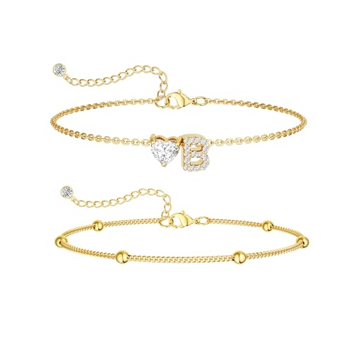 CAROVO Gold Ankle Bracelets for Women Waterproof 14K Real Gold Plated CZ Initial Anklet for Women Dainty Layered Letter A-Z Heart Ankle Bracelets Handmade Adjustable Anklet Summer Beach Jewelry - style: B