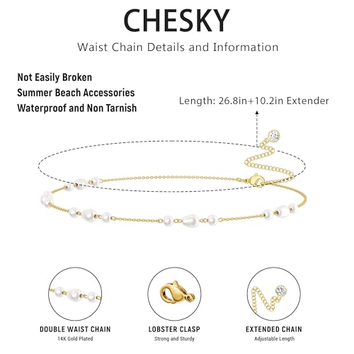 Risamil Waist Chain for Women, Dainty Gold Plated Belly Chain for The Waist Adjustable Waterproof Sexy Bikini Satellite Beads Sparkle Chain Simple Body Chain Summer Jewelry Gifts for Women - style: Pearl3
