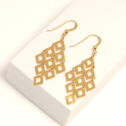 LeCalla Sterling Silver Dangle Earrings for Women | 925 Sterling Silver Long Interlocked Handmade Textured Drop Earring for Women - color: Gold-Plated Chandelier