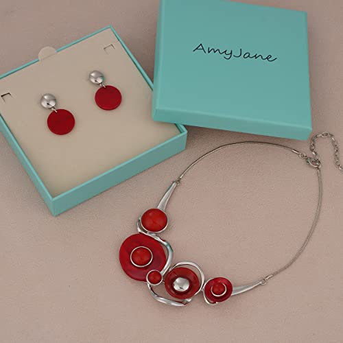 AMYJANE Vintage Statement Jewelry Set - Spring Leaf Flower Floral Plant Necklace Earring Set Crystal Rhinestone Fashion Costume Jewelry for Women Prom Party Unique Gift - style: ML Geometric Round Jewelry Set-Red