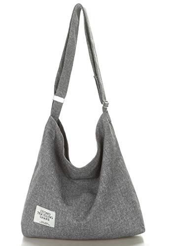 Covelin Women's Retro Large Size Canvas Shoulder Bag Hobo Crossbody Handbag Casual Tote - color: Light Grey