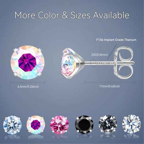 Moissanite Stud Earrings, G23 Hypoallergenic Titanium Stud Earrings for Women Men, Round Cut D Color VVS1 Clarity 18K White Gold Palted Multicolor Moissanite Jewelry, 0.6CT-3.0CT - color: Aurora Borealis, size: (1.0ct*2)-6.5mm-2.0 Carat