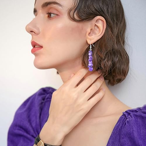 Handmade Bohemian Vintage Silver Nature Stone Beads Long Dangle Drop Earrings for Women - color: Light Purple
