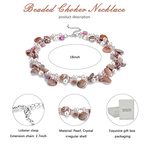 Noessla Layered Beaded Chunky Necklace for Women Boho Two-color Shell Statement Necklace Fashion Collar Costume Jewelry Gifts for Mum - color: 14-Pink